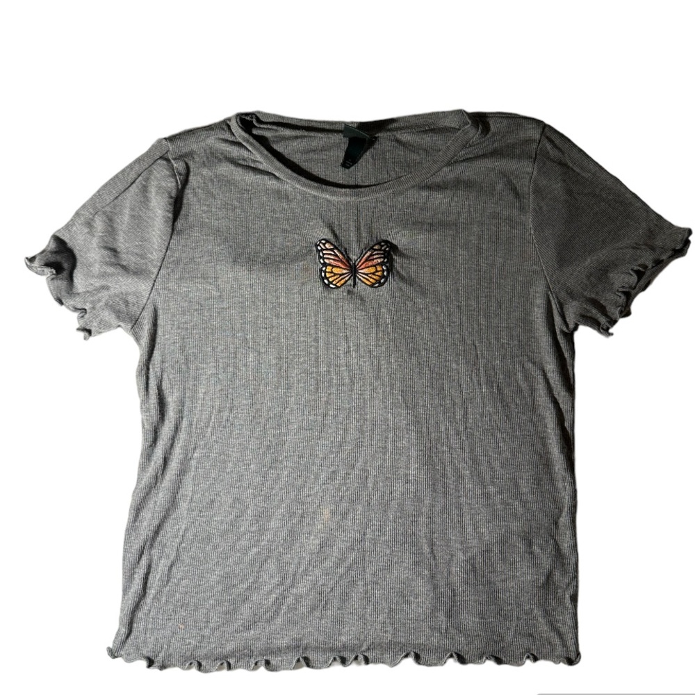 TARGET wild fable cute embroidered butterfly stitch crop top tee grey